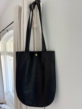 Classic Black Leather Tote with Gold Snap